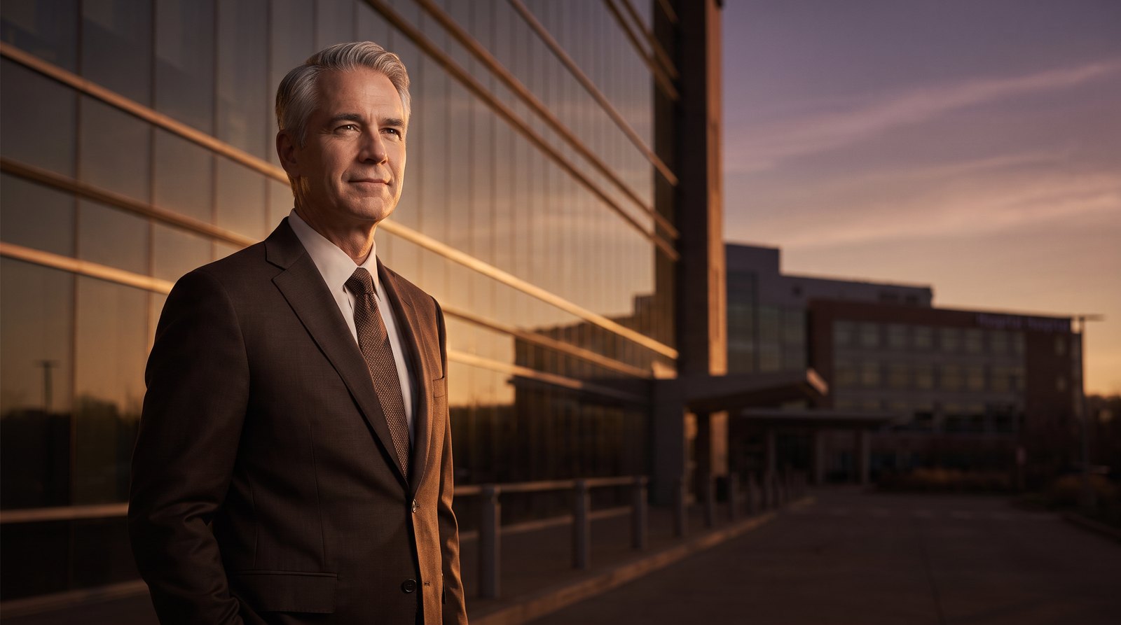 A seasoned healthcare executive standing before a modern hospital at golden hour — the kind of operator who mentors the next generation of owners through the Northview Executive Forum