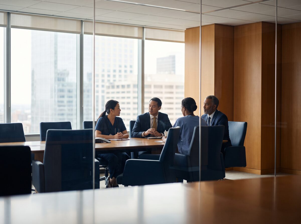 A healthcare leadership team in discussion