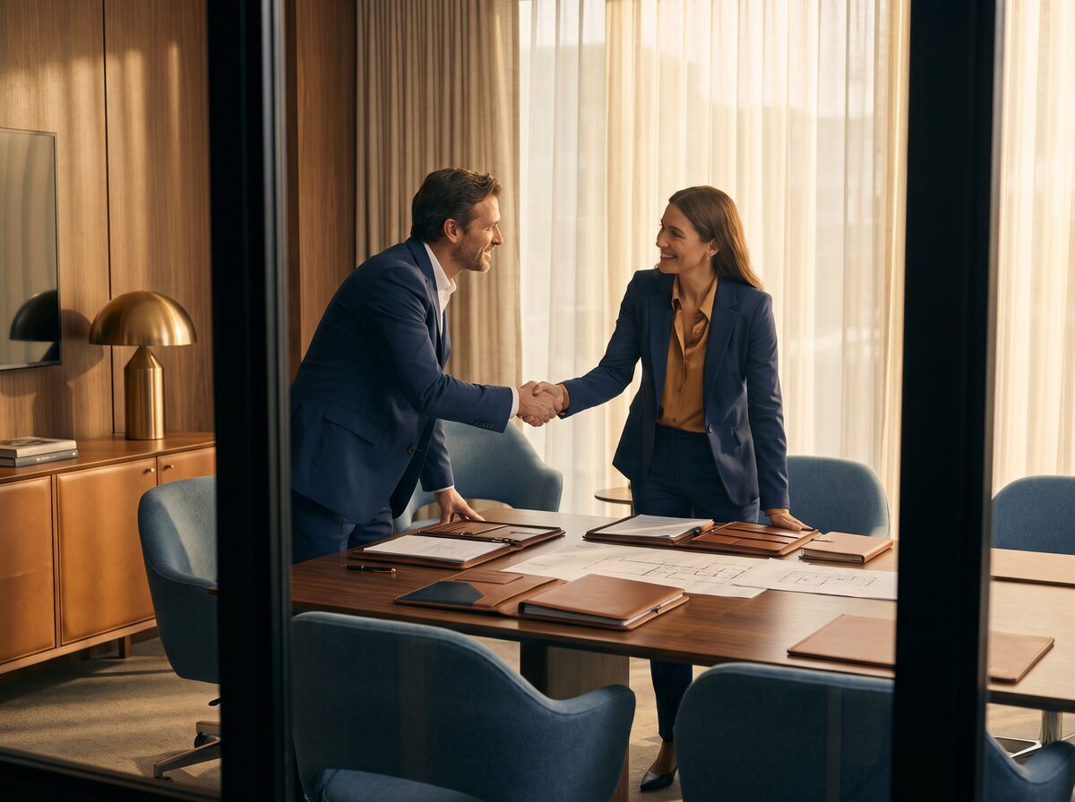 Two advisors shaking hands across a boardroom table